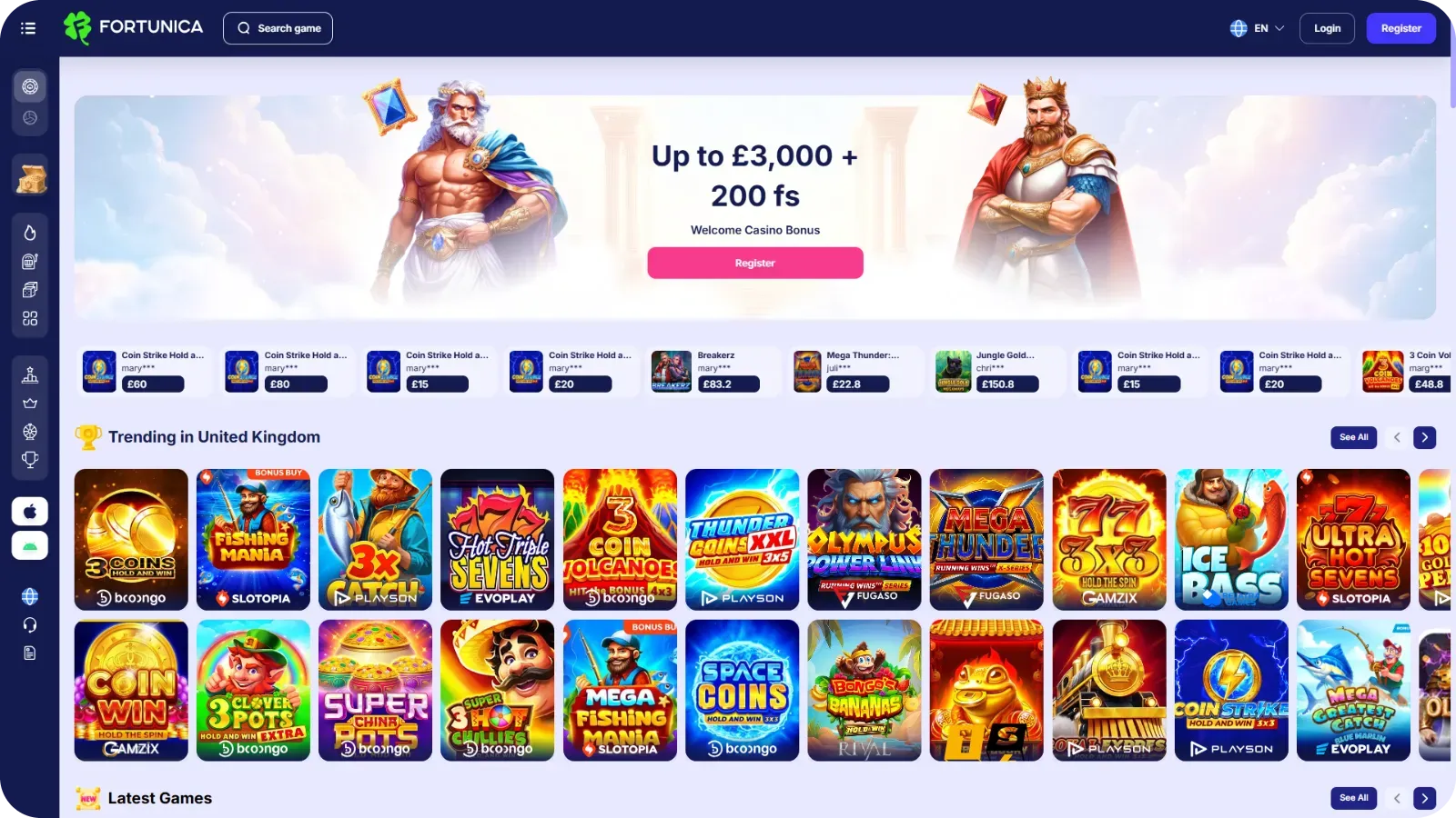 Fortunica casino retro slots lobby with fruit machines and classic 3 reel games for UK players
