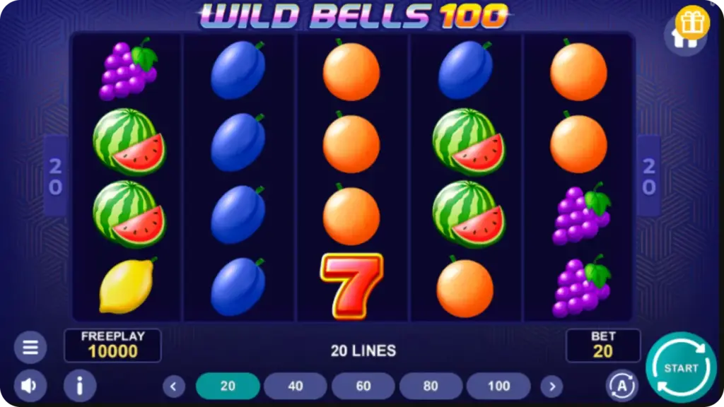 Wild Bells 100 slot by 1spin4win with expanded paylines and classic bell symbols on a 5 by 4 layout